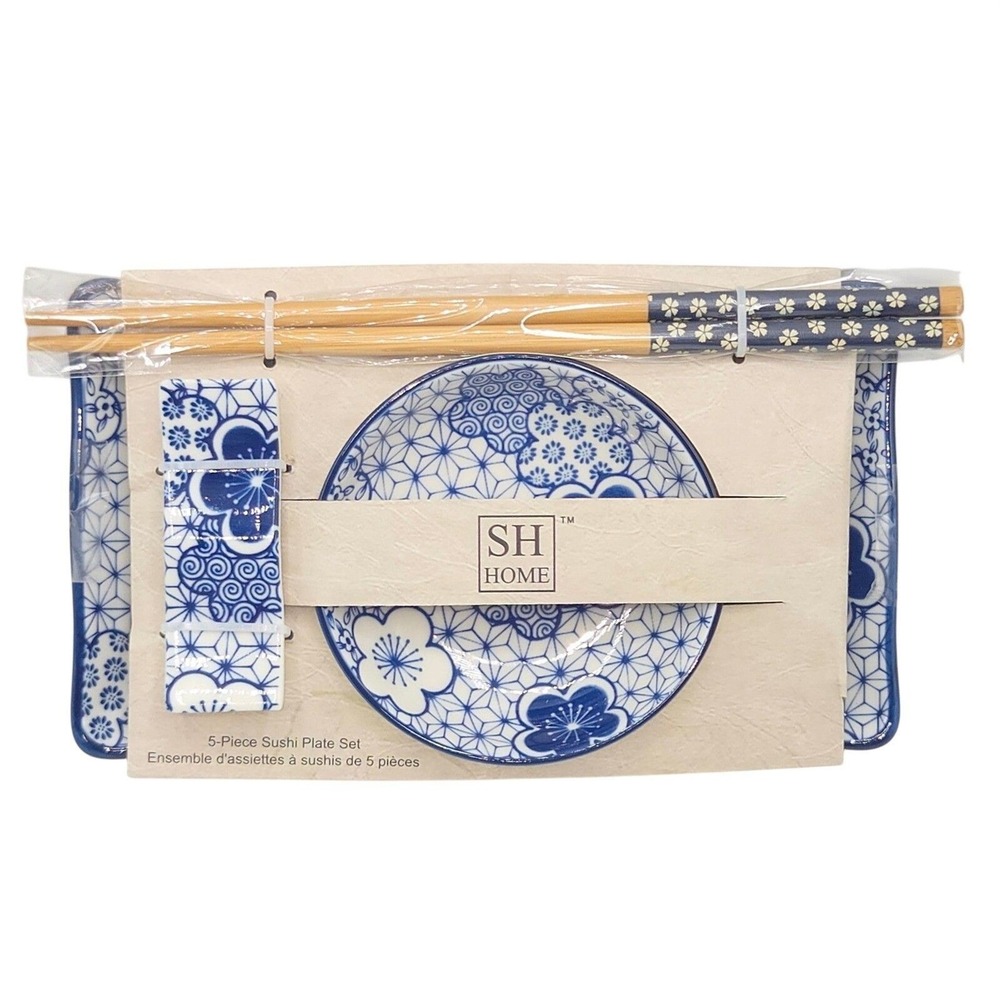 SH Home 5pc Floral Ceramic Sushi Plate Set 11"x6" Blue And White